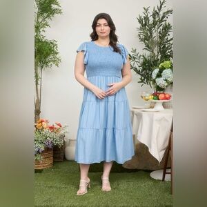 Perch by Blu Pepper PLUS Chambray 100% Lyocell Smocked Tiered Midi Dress